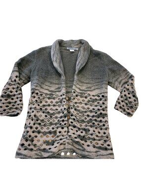 Alton Gray Laser Cut Gray Longline Open Cardigan Wool Sweater